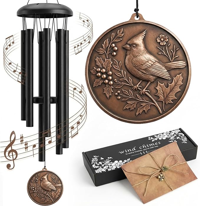 Wind Chimes for Outside – 26" Cardinal Wind Chime, Deep-Tone Tuned Aluminum, Vintage Bronze Pendant, Weather-Resistant Outdoor Garden Patio Yard Decor, Adjustable Striker, Memorial & Sympathy Gift