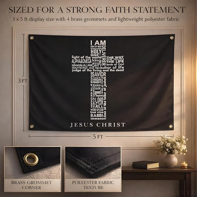 3x5 Ft Names of Jesus Single Sided Flag with 4 Brass Grommets - Jesus Christ American Polyester Flags for Outside or Inside - Christian Jesus Bedroom Wall Decor - Decoration Wall Art for Room