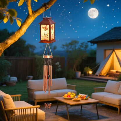 Butterfly Outddor Lantern House Wind Chime-Waterproof Hanging Solar Lanterns for Outdoor Patio, Porch, and Garden Decorfor Nature Lovers,Shaped Wind Chimewith Lantern Design