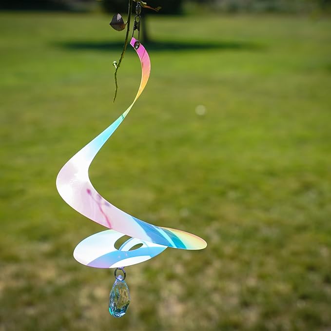 In the Breeze 9157 — 8-inch Striped Iridescent Tear Drop Curlie with Crystal Spinner — Colorful Suncatcher Wind Spinner for Yards and Gardens with Plastic Crystal…