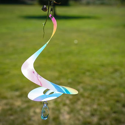 In the Breeze 9157 — 8-inch Striped Iridescent Tear Drop Curlie with Crystal Spinner — Colorful Suncatcher Wind Spinner for Yards and Gardens with Plastic Crystal…