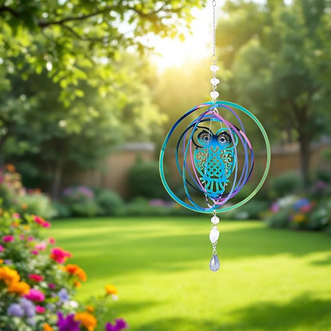 Stainless Steel Reflective Wind Spinners for Christmas Tree Decor 3D Owl Wind Chimes Gradient Etched Metal Embellishments for Outdoor Indoor Garden Hanging Decor 2Pcs