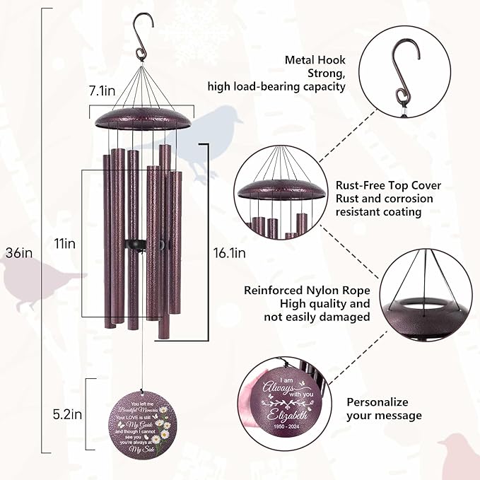 ASTARIN Personalized Memorial Wind Chime for Loss of Loved One 30/36/45 inch, Sympathy Deep Tone Wind Chimes for Mom Dad/Mother Father, Remembrance Gifts for Grief Condolence Funeral, Produced in USA