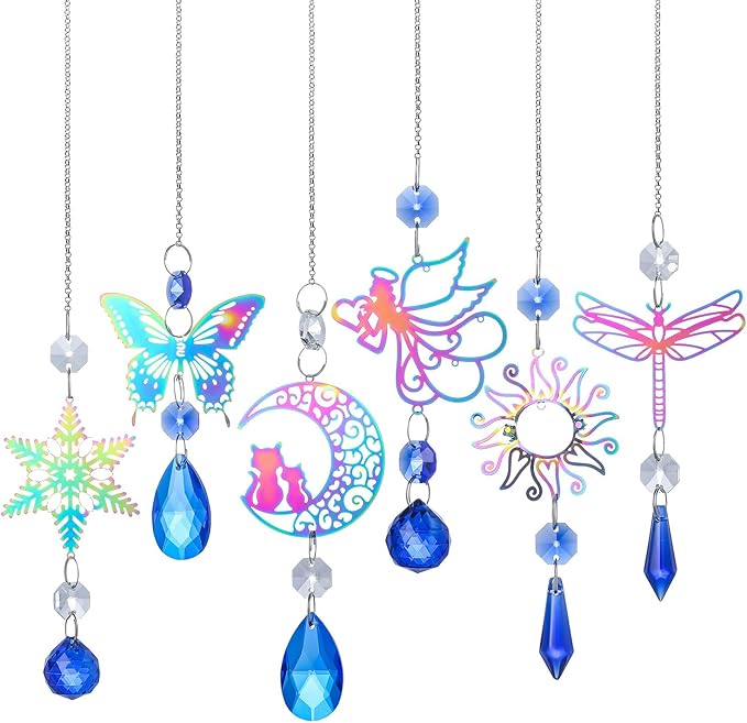 6Pieces Blue Crystals Suncatchers Hanging Sun Catcher with Chain Pendant Ornament Crystal Prisms for Window Home Decoration