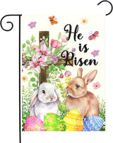 He Is Risen Easter Garden Flag for Outdoor Spring Christian Cross Floral Bunny Egg Yard Banner Religious Resurrection Sunday Decor Double Sided Farmhouse House Welcome Flags 12x18 Inch