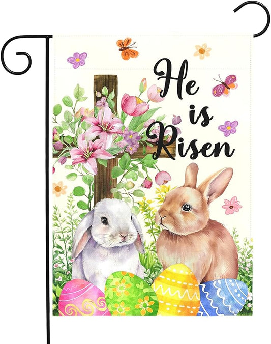 He Is Risen Easter Garden Flag for Outdoor Spring Christian Cross Floral Bunny Egg Yard Banner Religious Resurrection Sunday Decor Double Sided Farmhouse House Welcome Flags 12x18 Inch