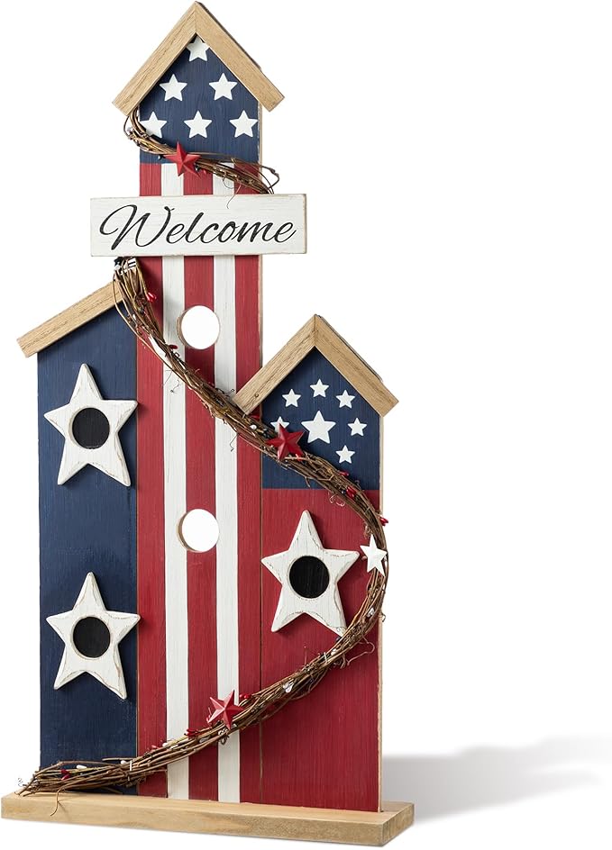 Glitzhome Patriotic Porch Sign, 4th of July Independence Day Welcome Sign, Wooden Birdhouse Design, 30" Farmhouse Rustic Porch Board for Memorial Day Front Door, Patio, and Yard Party Decor