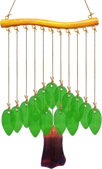 Leaf Shape Glass Wind Chimes for Outside Decoration, Green Tree Windchimes Outdoors Unique, Handcrafted Suncatcher Glass Art Wind Chimes for Women, Hanging Outdoor Christmas Decor