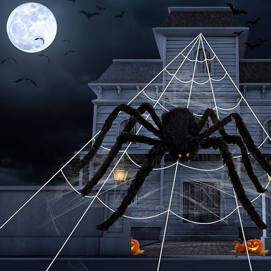 Spider Webs Halloween Decorations Outdoor - 200'' Triangular Spider Web + 49'' Giant Fake Spiders for Indoor Outdoor Halloween Decor Haunted House Décor Yard Home Garden Party