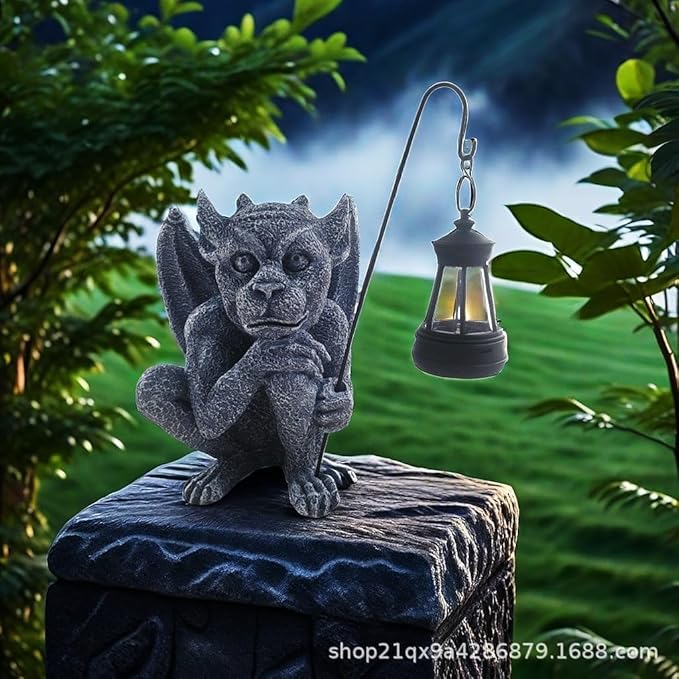 AKV Solar Gargoyle Statues Outdoor with Light, Funny Gothic Garden Decor, 8.26 inch Sitting Winged Gargoyle Sculpture for Yard Patio Lawn Ornament Decorations, Handmade Resin Garden Trolls Figurines