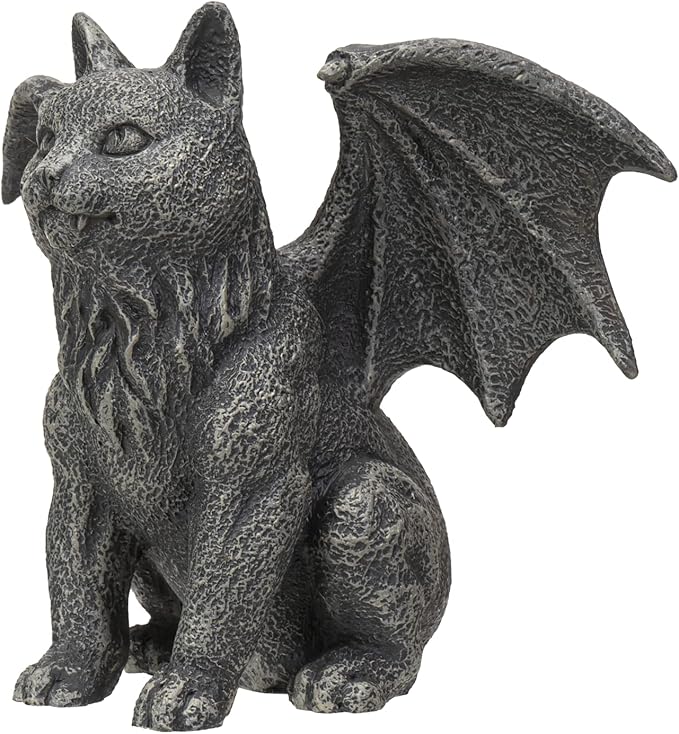 6.75” Faux Stone Gothic Winged Gargoyle Cat Fantasy Garden Charcoal Grey Textured Statue