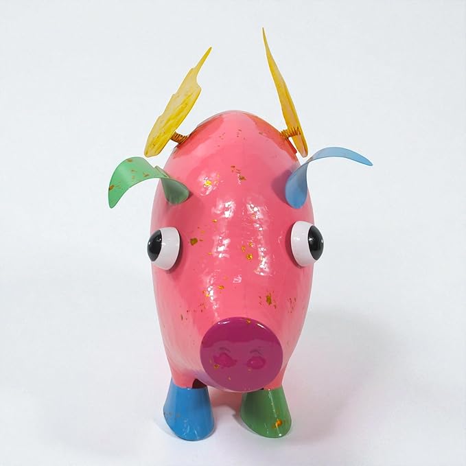 Colorful Enameled Metal Flying Pig Statue - Pink, Patio and Lawn Outdoor Garden Decor, Indoor Home Decoration, Yard Art, Farm Animal Sculpture