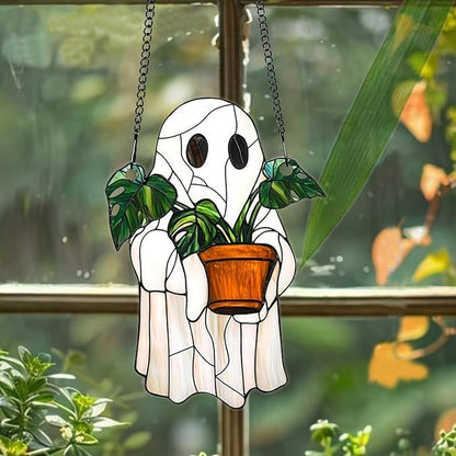 7.8Inch Cute Ghost Suncatcher Handcrafted Greenhouse Window Hanging Decor for Plants, Stained Glass Suncatchers Window Decor for Garden Family Wall，Halloween Party Gift for Friend