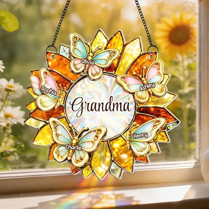 Personalized Grandma Mom Sunflower Butterfly Acrylic Sun Catcher Ornament, Custom Grandma Gifts for Mothers Day, Nana Gift from Grandkids, Custom Family Window Hanging Home Decor