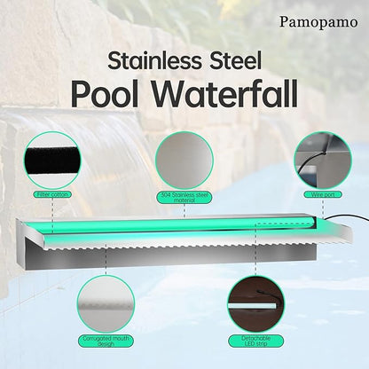 Pamopamo Pond Waterfall Spillway Stainless Steel Pool Fountain, APP Control LED Lighted Waterfalls Kit, Outdoor Water Flow Waterfalls Kit for Garden Patio Koi Pond Decoration-35.4"x7.8"x3.9"