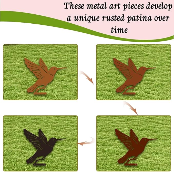 5Pcs Metal Birds Yard Decor for Wall Fence Rusty Garden Art Hummingbirds Pattern Durable Iron Yard Sculptures for Farmhouse Outdoor Pathway Patio Lawn Ornaments Ground Insert Decorations