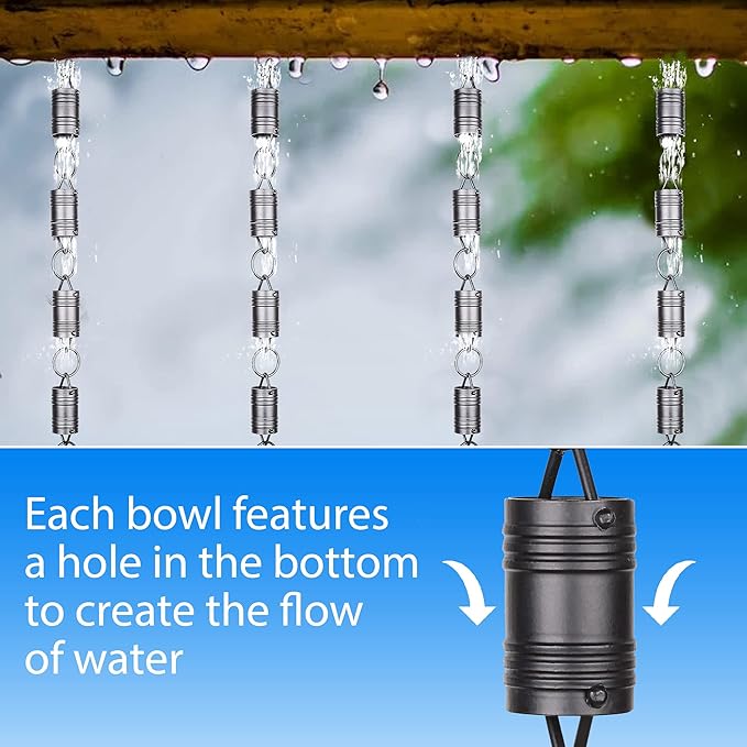 RainChains Pacific Six Spheres Rain Chain 8.5ft Black Aluminum Rain Chains for Outside Modern Decorative Gutter Chain.