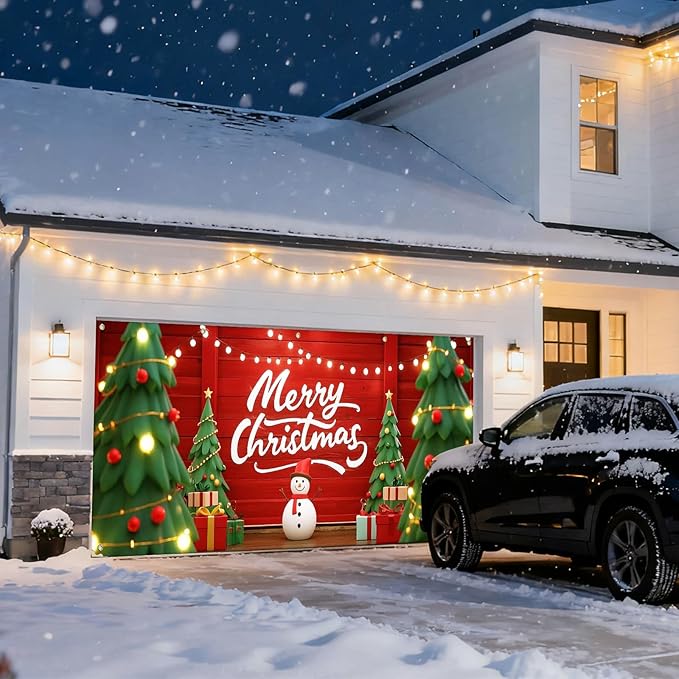 IVN Christmas Garage Door Cover Decoration 13x6ft Snowman Cartoon Trees String Lights Design Merry Christmas Winter Garage Door Banner Home Door Front Yard Decor for Xmas Eve Holiday Outdoor
