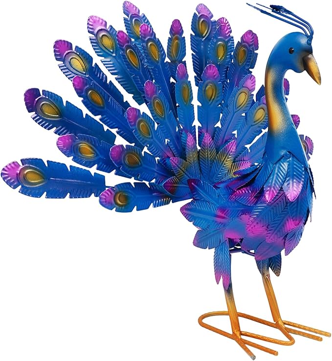 Set of 4 Peacock Statues, Colorful Iron Garden Decor with Realistic 3D Feathers, Outdoor Indoor Ornament for Patio, Yard, Balcony, or Home Decor