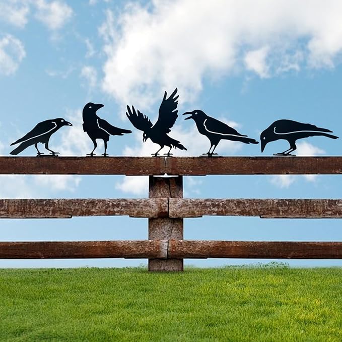5pcs Black Crows Halloween Decor Wrought Iron Metal Crow Decor Raven Silhouette for Metal Yard Art Indoor Outdoor Garden Decoration Home Decor