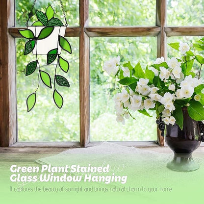 Stained Glass Window Hanging Green Plant Window Suncatcher Handcrafted Faux Plant Stained Glass Panel Sun Catcher for Plant Lovers,Unique Home Indoor&Outdoor Decor (Green)
