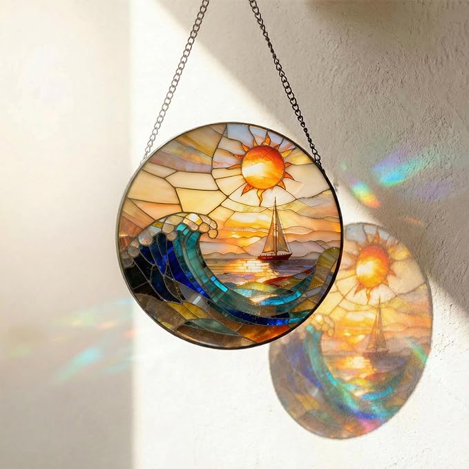7.8 Inch Stained Glass Window Hanging, Sailboat & Sunset Waves Suncatcher, Blue and Orange Sky Diamond Glass Panel Landscape Decor for Women, Men, Wife, Aunt, and Mom