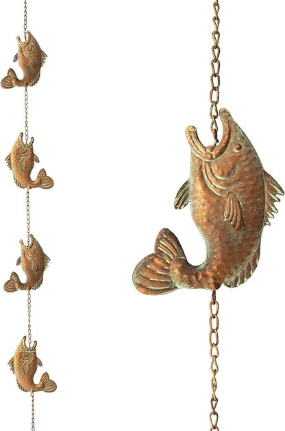 Glitzhome 8.5ft Rain Chain for Gutters 9-Piece Faux Copper Patina Finish Fish Shaped Catcher Replacement for Downpout