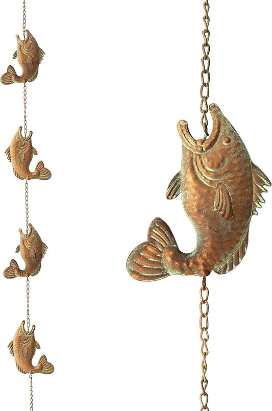 Glitzhome 8.5ft Rain Chain for Gutters 9-Piece Faux Copper Patina Finish Fish Shaped Catcher Replacement for Downpout