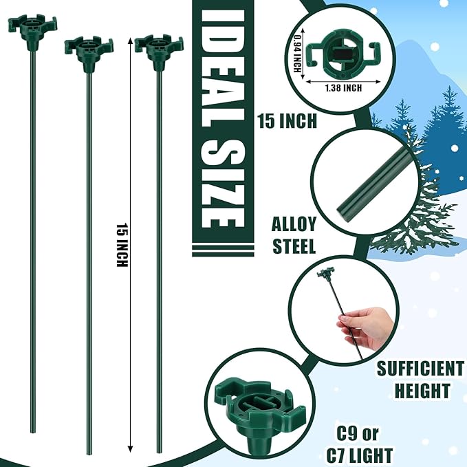Gisafai 12 Pcs 15 Inch Christmas Light Stakes Universal Yard Lawn Holiday for C9 or C7 Light Stakes for Christmas Garden Ground Pathway Driveways Decoration (Green)