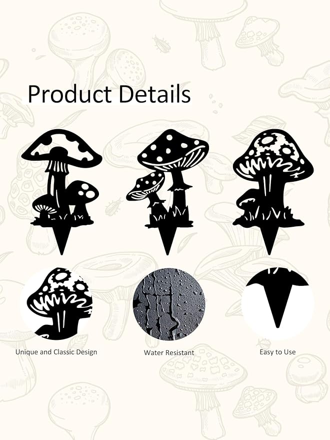 Resama Black Metal Mushroom Garden Stakes Set of 3, Black Yard Decor Art Decorative Garden Stakes, Outdoor Lawn Ornaments for Patio Flower Bed Porch Pathway Yard Decorations