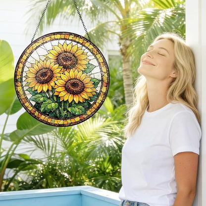 Sunflower Stained Glass Window Hanging - Round Floral Suncatcher with Chain, Colorful Glass Ornament for Home Garden Window Decor Gift, 8 Inch