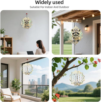 8 Inch Sublimation Wind Spinner, 3D Aluminum Metal Wind Spinner with Hook, Indoor Yard Garden Hanging Decoration, Weather Resistant Rotating Spiral Ornament, Fairy Raccoon