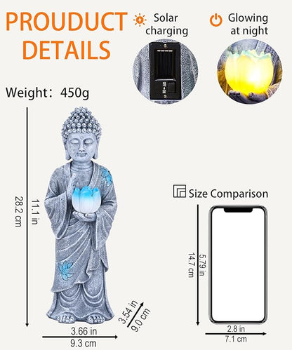 Nacome Solar Buddha Garden Statue Decor: Resin Zen Decor Waterproof Sitting Figurine with Lotus Flower Light Design for Outside Patio Lawn Yard Balcony - 11 inches(Gray)