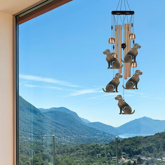 Bronze Dog Wind Chime, Gifts for Mom, Home, Garden, Balconies, Room, Patio, Indoor, Outdoor Decoration, with 4 Aluminum Tubes 5 Dogs Wind Chimes, Doggy Wind Catcher, Puppy Wind Bell Decor