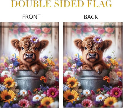 Highland Cow Garden Flags For Outside 12x18 Double Sided Rustic Farmhouse Floral Spring Summer Welcome Yard Sign Decor Cute Gifts For Women Mom Mothers Day Outdoor Lawn Ornament