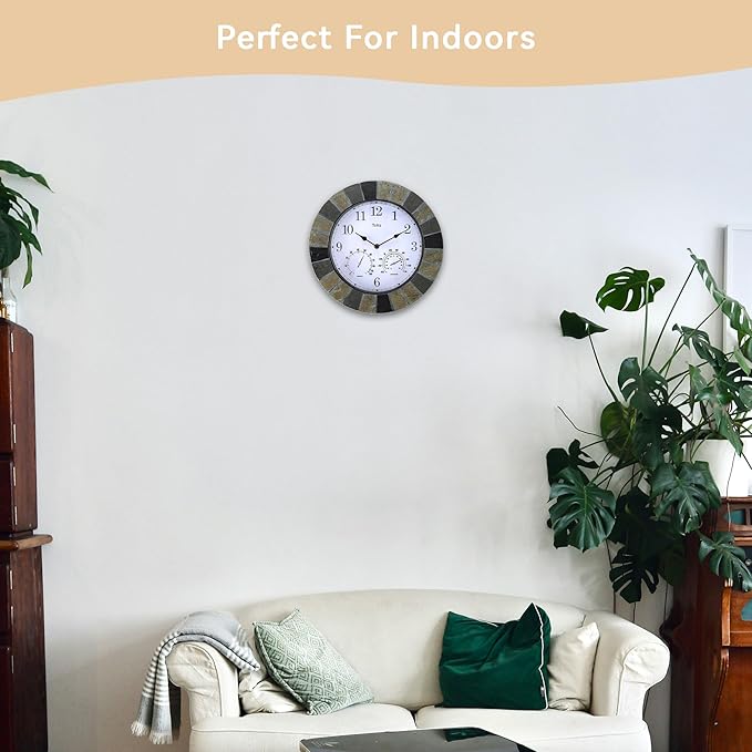 Lily's Home 13 Inch Wall Clock with Thermometer & Hygrometer - Indoor & Outdoor Hanging Clock with Temperature Humidity Gauge, Slate-Look Design for Patio, Garage & Living Room