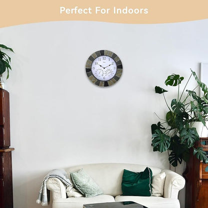 Lily's Home 13 Inch Wall Clock with Thermometer & Hygrometer - Indoor & Outdoor Hanging Clock with Temperature Humidity Gauge, Slate-Look Design for Patio, Garage & Living Room