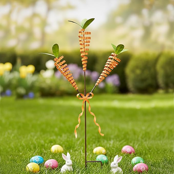 Easter Yard Stakes, 28-Inch 3-Head Carrot Metal Garden Stakes, Rust-Resistant Coiled Iron Wire Outdoor Decor, Spring Easter Decorations Outdoor for Garden, Lawn, Patio, Easter Outdoor Decor