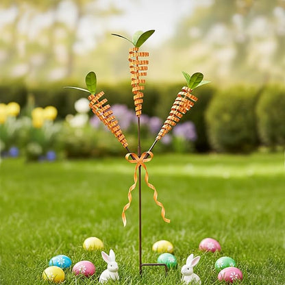 Easter Yard Stakes, 28-Inch 3-Head Carrot Metal Garden Stakes, Rust-Resistant Coiled Iron Wire Outdoor Decor, Spring Easter Decorations Outdoor for Garden, Lawn, Patio, Easter Outdoor Decor