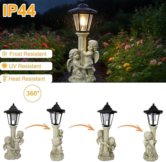 Angel Boy and Girl Statue with Solar Lantern, Outdoor Solar Angel Garden Statue with Roma Pillar for Garden Lawn Patio Yard Deocr, Mother's Day Birthday Gift