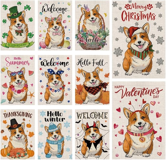 Seasonal Garden Flags Sets - Corgi Decortions Dog Flags Double Sided Flags Set of 11 Holiday Farmhouse Indoor Outdoor Yard Lawn Christmas Gifts Decor 12.5x18 Inch