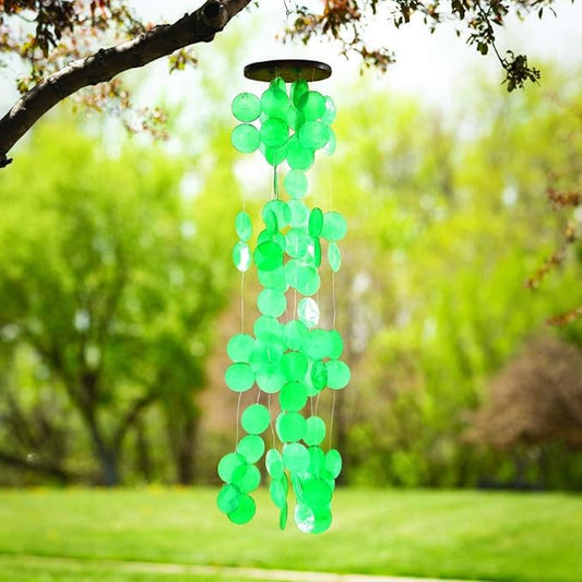 Woodstock Chimes Capiz Waterfall Wind Chime, 40" Patina Green Capiz Round Sea Shell, Handcrafted Ocean Theme Windchime for Outdoor, Patio or Garden Décor (CWPG)