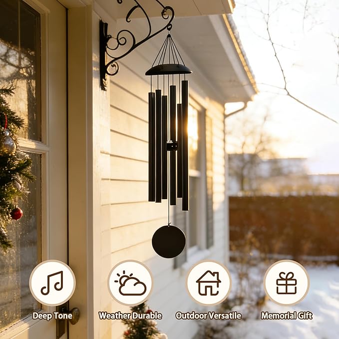 Wind Chimes for Outside with Classic Sound, Coolest Aluminium Metal Windchimes Outdoors with Pine Wood Striker, Unique Gift for Mom, Garden Decoration(32" Black Thick)