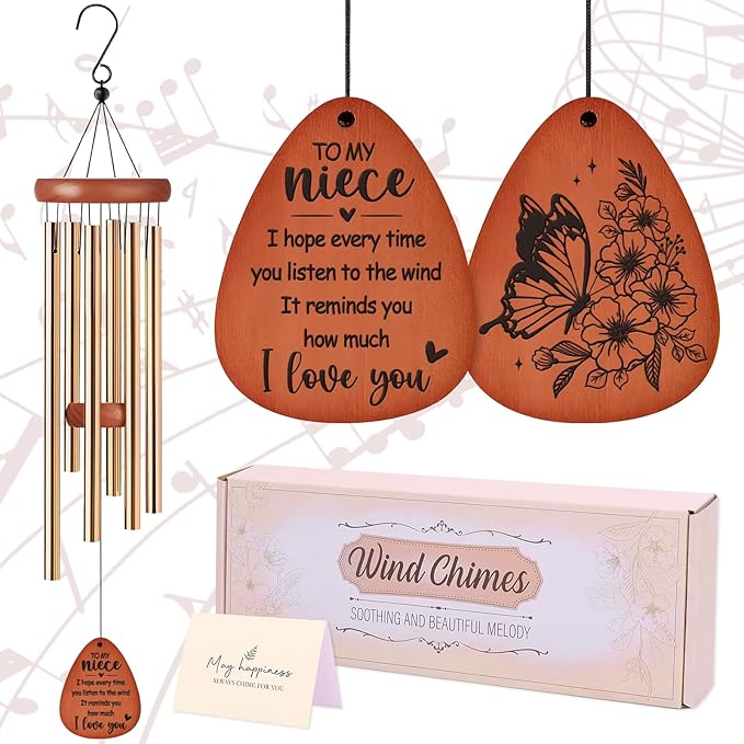 Niece Gifts Wind Chimes - Waterproof Golden Windchimes Decor with Greeting Card Indoor Outdoor Garden Patio Yard Balcony Home Hanging Christmas New Year Birthday Gift for Nieces from Aunt