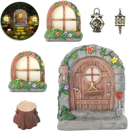 Exasinine 6 Pcs Fairy Door and Windows for Trees Glow in The Dark Fairy Doors Miniature Fairy Garden Accessories for Wall Tree Fairy Garden Outdoor Decor with Tree Stump, 2 Fairy Lanterns