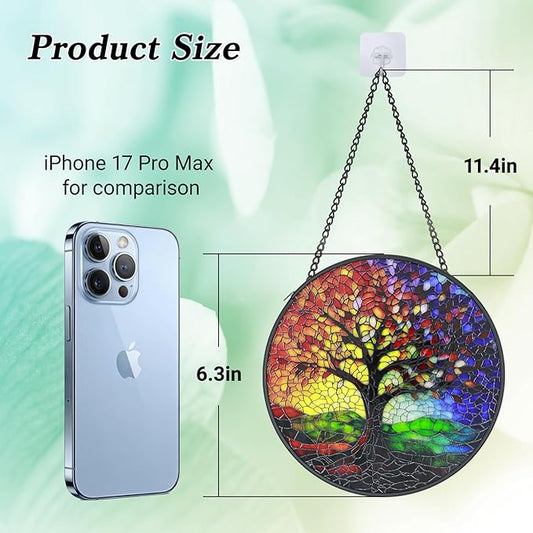 Stained Glass Window Hanging - 6.3 Inch Colorful Tree of Life Suncatcher, Tree of Life Wall Art for Window Home Door Garden Outdoor Decor and housewarmings Birthday, Gifts for Adults Women Men Mom