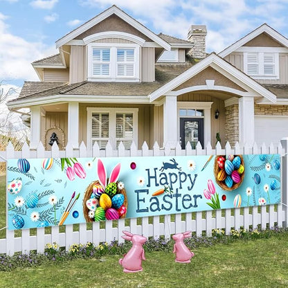 Happy Easter Banner 120" x 20" Outdoor Party Supplies Backdrop Bunny Eggs tulip Easter Banners for Home Decor Outside Indoor Garden Fence Garage Balcony Porch Tree Front Door Decorations