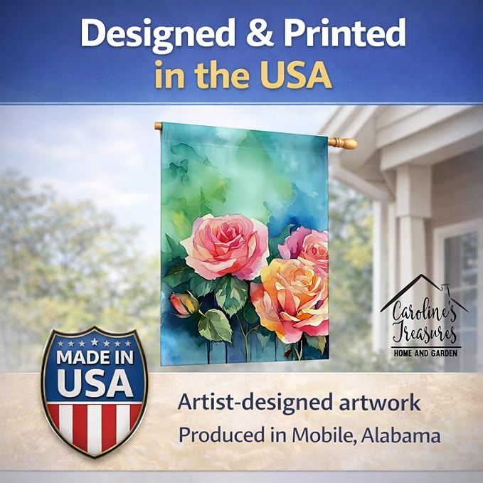 Caroline's Treasures New York Roses in Watercolor House Flag Large Porch Sleeve Pole Decorative Outside Yard Banner Artwork Wall Hanging, Polyester, House Size, Multicolor