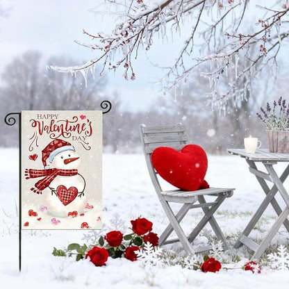 Happy Valentine’s Day Garden Flags 12x18 Inch Double Sided, Watercolor Snowman Small Seasonal Decoration for Holiday Anniversary Wedding Yard Outside Outdoor