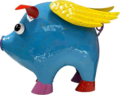 Colorful Enameled Metal Flying Pig Statue - Blue, Patio and Lawn Outdoor Garden Decor, Indoor Home Decoration, Yard Art, Farm Animal Sculpture